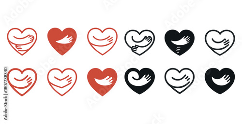 Heart and hug icons in red and black variations for love and care concepts