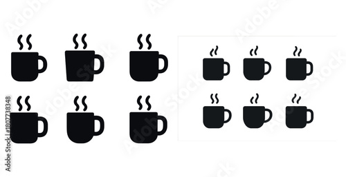 Set of steaming coffee mugs icons in black on white background