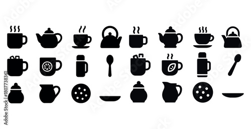 Silhouette icons of teapots, cups, mugs, spoons, and plates