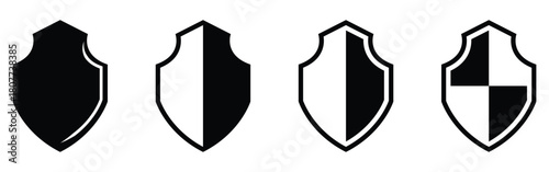 Dark isolated modern graphical shield icons set. Flat secure vector shield icons set. Black logotype shield icons set on white background. EPS 10. 