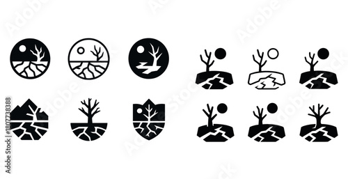 Minimalist tree and landscape icons in black and white design