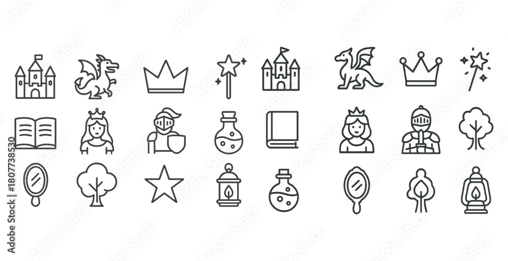 Fototapeta premium Fantasy icons set with castles dragons crowns wizards and knights