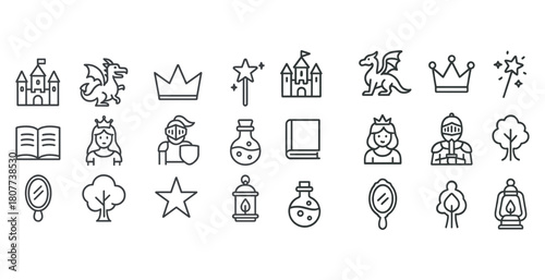 Fantasy icons set with castles dragons crowns wizards and knights