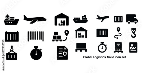 Solid logistics icons set featuring transport shipping warehouse and timer symbols