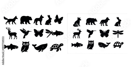 Black animal silhouettes: fox, bear, rabbit, butterfly, turtle, owl