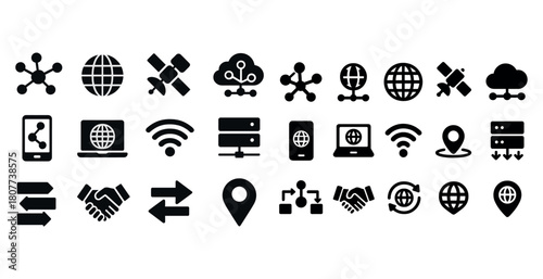 Vector icons of networking and internet connectivity symbols in black and white