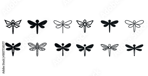 Set of 12 black dragonfly silhouette icons in various styles
