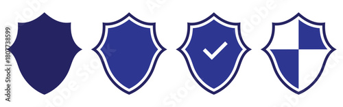 Isolated blue modern vector shield icons. Protection security shield icons set. Shield emblem silhouette icons. EPS 10. 