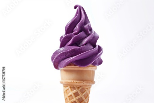 Vibrant purple soft serve ice cream swirled atop waffle cone, isolated on plain white background. Lighting is soft, highlighting creamy texture. Neural network AI generated