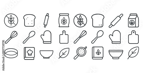 Collection of minimalist kitchen and baking icons in monochrome style