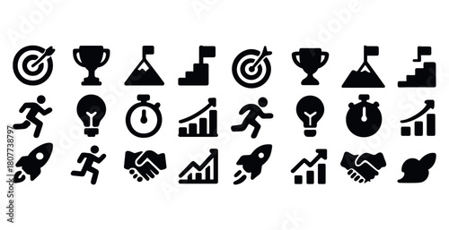 Icon set representing goals, achievement, and success with various symbols