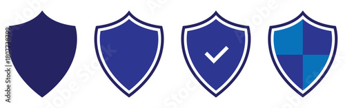 Isolated blue modern vector shield icons. Protection security shield icons set. Shield emblem silhouette icons. EPS 10. 
