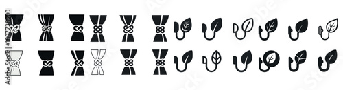 Decorative curtain ties and leaf hooks icon set in black and white