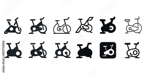 Creative exercise bike icon set in black and white
