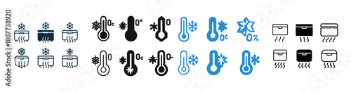 Temperature and humidity icons: snowflakes, thermometers, and boxes