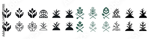 Collection of minimalist gardening icons featuring plants and garden tools