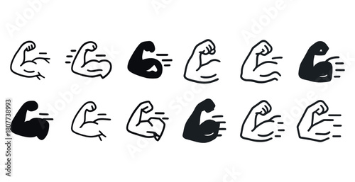 Set of arm muscle icons representing strength and fitness in black and white illustrations