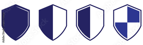 Blue vector isolated shield icons set. Privacy safety shield icons set on white background. Secure safety shield silhouette icons on white background. EPS 10. 