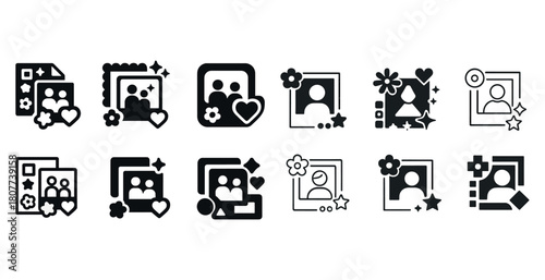 Set of family photo frame icons with hearts, stars, and flowers