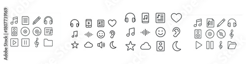 Set of music and audio icons including notes, speakers, and headphones
