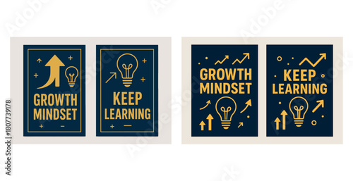 Inspirational growth mindset and keep learning posters with arrows and light bulbs
