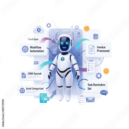 Automated business solutions streamline workflows with AI robot assistant managing tasks, syncing data, categorizing emails, and processing invoices efficiently