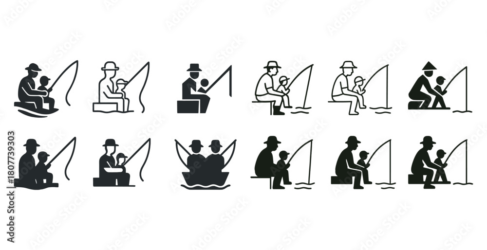Obraz premium Fishing icons: father and child duo with various styles and hats