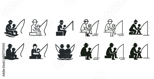 Fishing icons: father and child duo with various styles and hats
