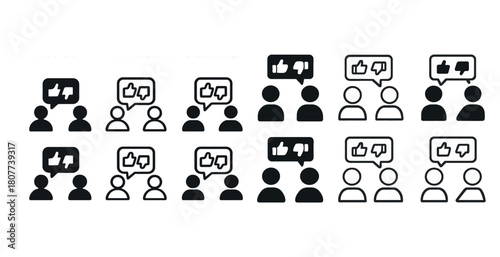 Icon set of people with speech bubbles featuring thumbs up and thumbs down
