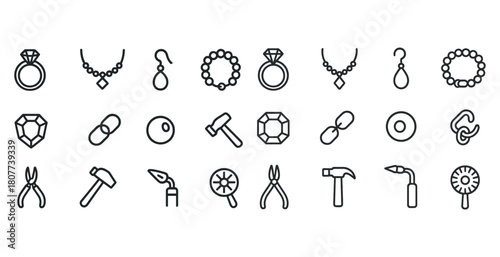 Jewelry and tools icons set with rings, necklaces, and hammers