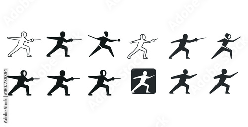 Fencing icon set: diverse poses of fencers in black and white silhouettes