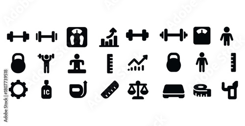 Fitness and health icons set featuring exercise, weight, and wellness symbols