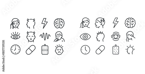 Headache symptoms and migraine triggers icon set
