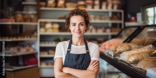 A young woman in uniform stands at the entrance to her bakery, in a welcoming pose. Generative AI.