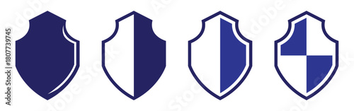 Secure safety shield silhouette icons on white background. Blue vector isolated shield icons set. Privacy safety shield icons set on white background. EPS 10. 