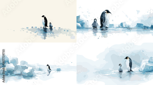 Watercolor illustration of a penguin standing with its chick on icy terrain. Gentle arctic wildlife artwork with cool blue tones and reflective water accents.
