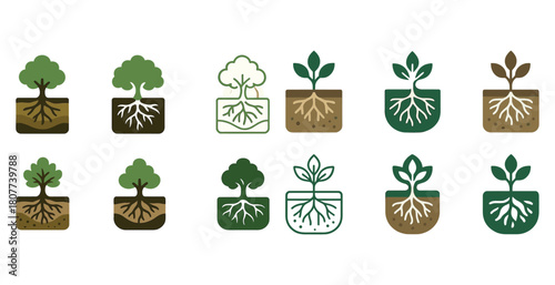 Tree and plant growth icons showcasing roots and soil variations