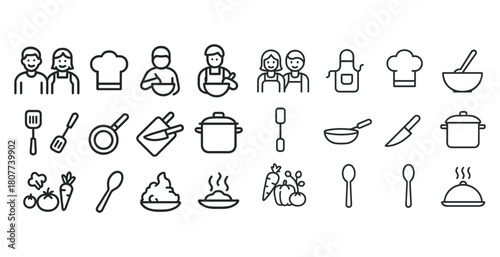 Outline icons of cooking tools and chefs in various kitchen settings