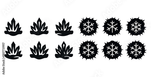 Icon set featuring fire flames and snowflakes in black and white design