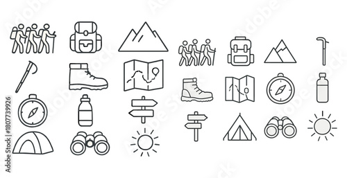 Outdoor adventure icons: hiking, camping, map, compass, binoculars
