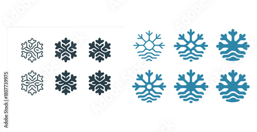 Stylized snowflake icons in black and blue with wave designs