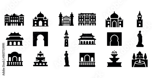Collection of architectural landmarks silhouettes and sculptures