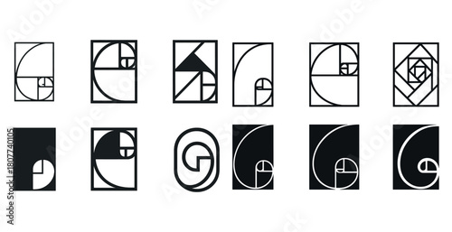 Geometric patterns featuring fibonacci and golden ratio in black and white designs