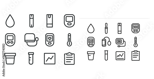 Diabetes health icons: glucose monitors and medical symbols collection