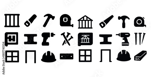 Variety of construction tool icons including hammer, drill, saw, nail, and hard hat