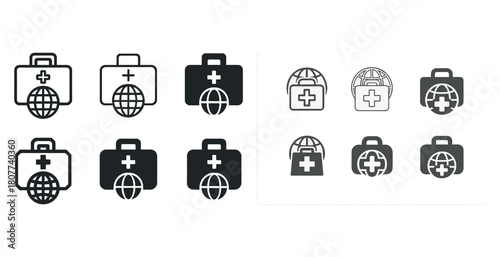 Medical kit and globe icons set for health and global aid