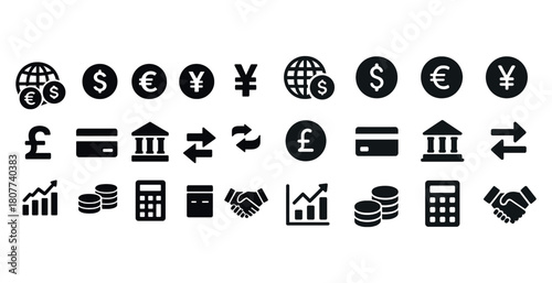 Currency and finance icons set with dollar, euro, pound, yen symbols and financial tools