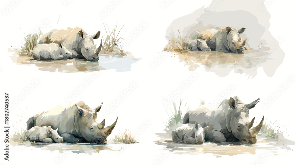 Fototapeta premium Watercolor illustration of a rhinoceros resting beside its baby in a calm natural setting. Gentle wildlife artwork with earthy tones perfect for nature themes and nursery decor.