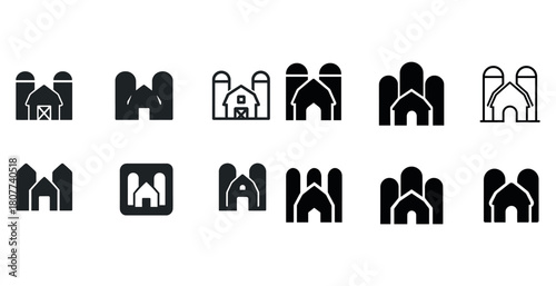 Set of minimalist farm silhouette icons with barns and silos in various styles