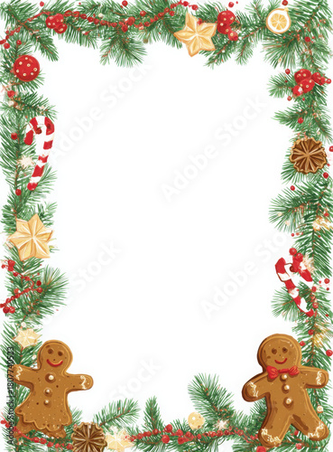Christmas border with gingerbread men, candy canes, and garland.
